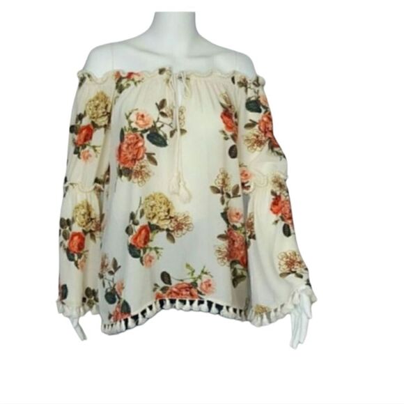 TIMING Women's Off Shoulder Top Blouse  Pullover Bell Sleeve Floral Print Boho - Picture 1 of 7